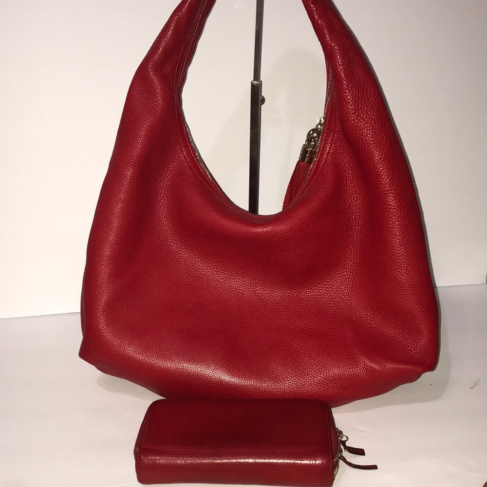 Red Leather Hobo Bag with Signature Embossed Logo - Picture 5 of 14